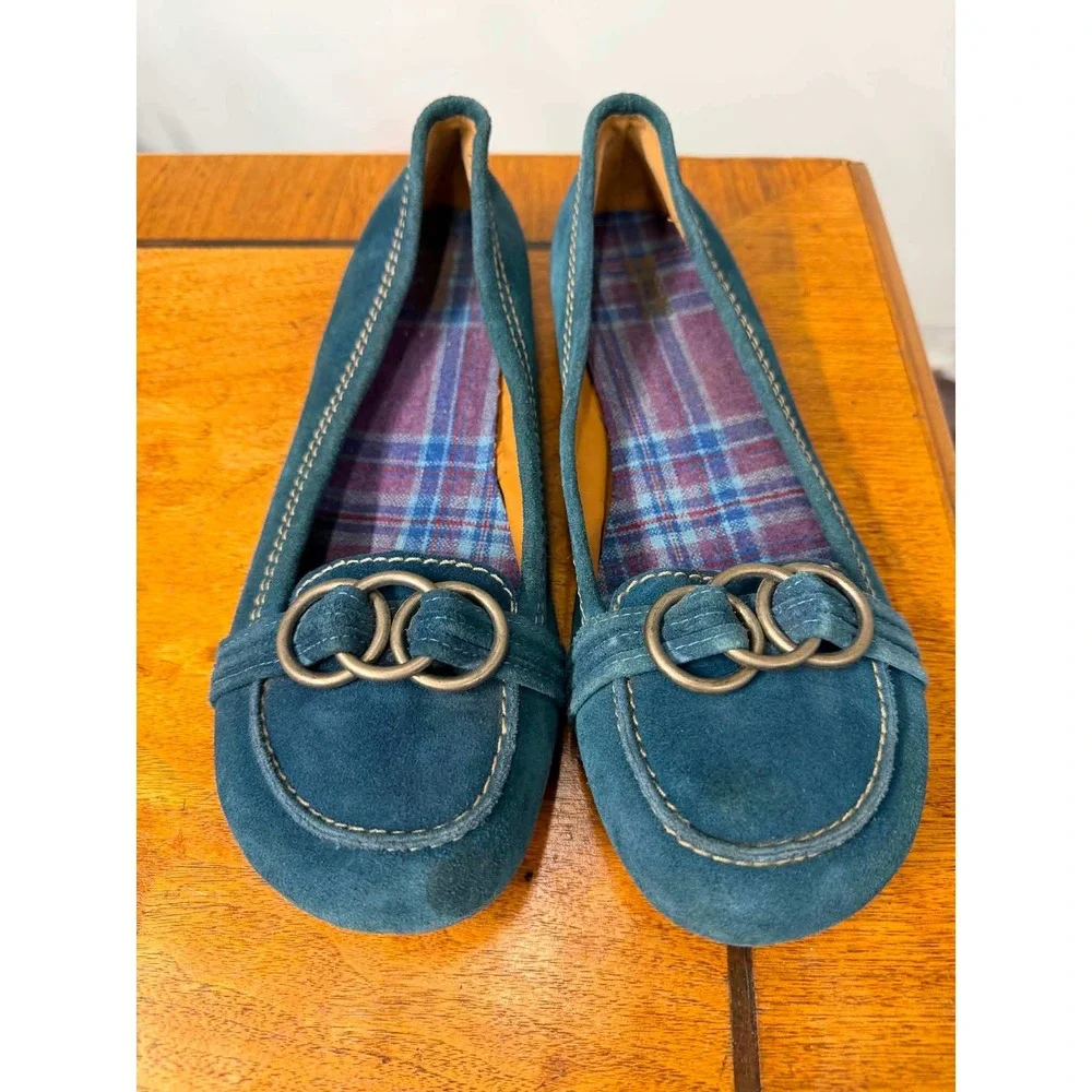 Mossimo Supply Co Teal Blue Suede Loafers Ring Detail Plaid Lining Womens 10